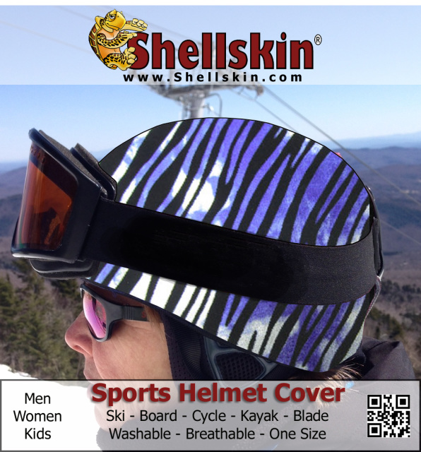 Purple/Silver Zebra print Spandex.1 Size Ski & Sport Helmet cover by Shellskin 